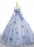 solvbao Light Blue Tulle Long Formal Dress Party Dress, Ball Gown Floral Sweet 16 Dress