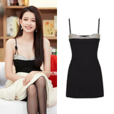 SOLVBAO [In Stock]  Summer Sun Yi Same Style Pure Desire Sexy Black Camisole Dress High-Grade Diamond-Embedded Short Evening Dress