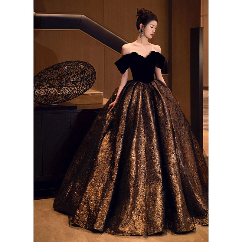 Princess Escape Evening Dress French off-Shoulder Temperament Entry Lux High Sense Art Exam Banquet Host Performance Clothes Annual Meeting