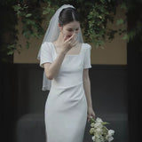 SOLVBAO White  Style Square Collar Short Sleeve Slim Stretch Long License Engagement Wedding Dress Dress