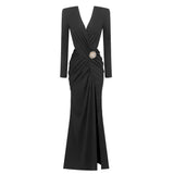 SOLVBAO Fashion White Long Sleeve Dress Pleated V-neck Cross Metal Flower Split Maxi Dress Activity Party Evening Dress