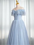 Solvbao Blue Lace Sweetheart Beaded Off Shoulder Prom Dress, A-line Blue Evening Dress