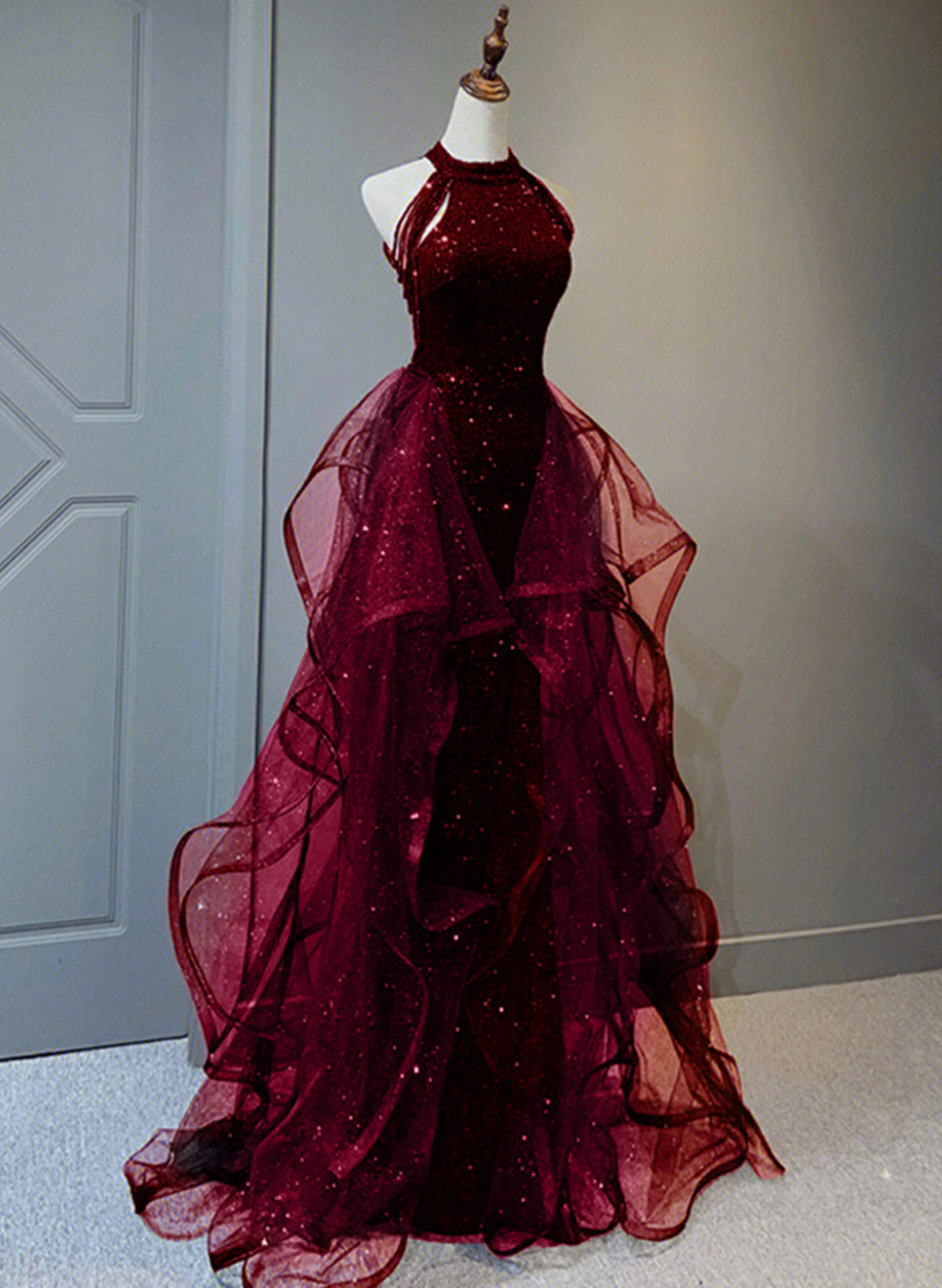 solvbao Wine Red Sequins with Tulle Long Party Dress, Wine Red Halter Evening Dress