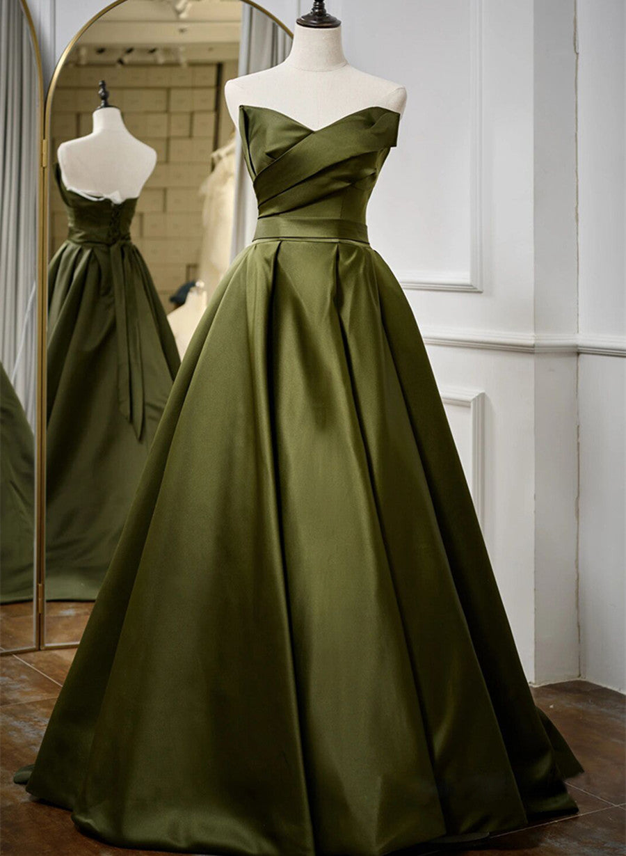 Solvbao Green Satin V-neckline Lace-up Long Wedding Party Dress, Green Evening Dress