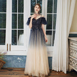 Solvbao Blue and Champagne Gradient Off Shoulder Party Dress, A-line Long Prom Dress