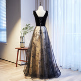 Solvbao Black V-neckline Velvet and Tulle New Style Prom Dress, Black Party Dress Evening Dresss