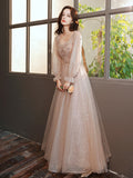 SOLVBAO Champagne Evening Dress for Women  New Art Exam Host  Style Long Sleeve Banquet Evening Dress