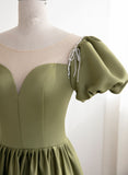 Solvbao Green Satin Round Neckline A-line Floor Length Prom Dress, Green Short Sleeves Formal Dress