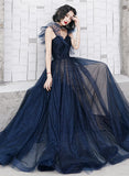 Solvbao Navy Blue Tulle Sweetheart A-line Long Formal Dress, Blue Prom Dress Party Dress