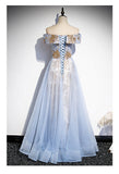 solvbao Light Blue Tulle with Gold Sequins Off Shoulder Prom Dress, Blue A-line Formal Dress Evening Dress