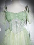 Solvbao Light Green Tulle Off Shoulder Straps Party Dress, A-line Green Prom Dress