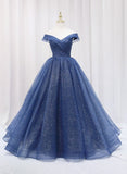 Solvbao Blue Off Shoulder Long Party Dress Evening Gown, Blue Junior Prom Dress