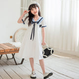 SOLVBAO Girl's Short-Sleeve Skirt Cotton College Style Blouse Princess Dress White Lapel Medium and Large Children's Dresses  Summer Dress