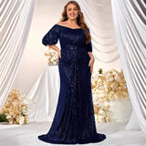 SOLVBAO Hot plus Size Formal Dress Sequin off Shoulder Short Sleeve Prom Party Dress Fishtail Dress-Fmgw462