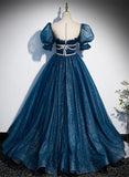 Solvbao Shiny Tulle Blue Short Sleeves Long Formal Dress, Blue Evening Prom Dress