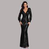 SOLVBAO European and American Foreign Trade Evening Dress Spring/Summer Cross-Border Hot Selling Dress plus Size Long Sleeve V-neck Sequins Fishtail Evening Dress for Women