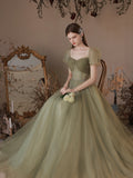 Solvbao A-line Green Off Shoulder Tulle Long Party Dress, Green Simple Floor Length Prom Dress