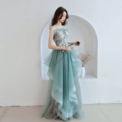 Solvbao Unique A-line Long Straps Tulle Layers Green and Pink Evening Dress, Long Prom Dress Party Dress