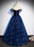 Solvbao Navy Blue Sweetheart Tulle Floor Length Prom Dress, Navy Blue Evening Dress