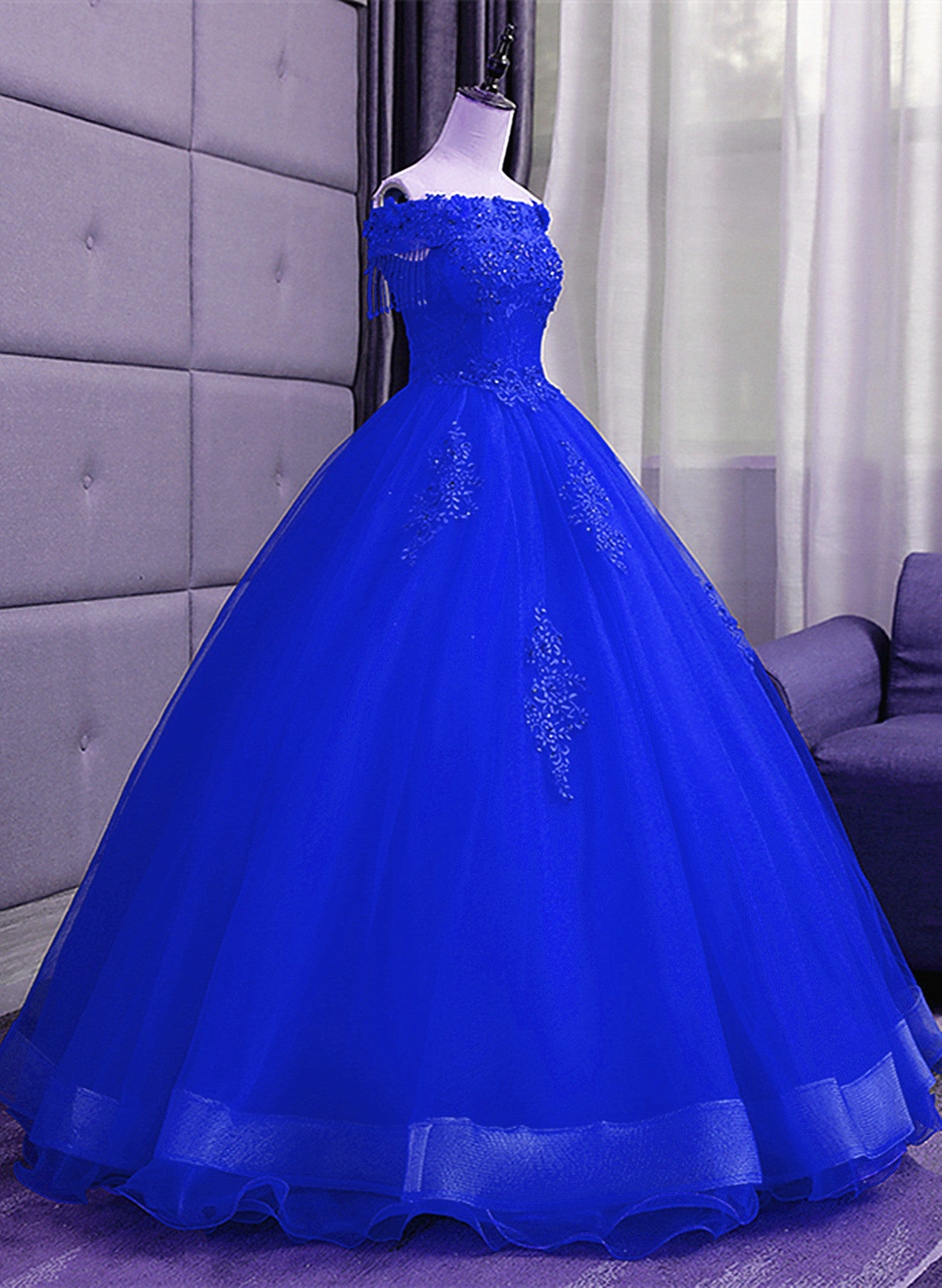 Solvbao Royal Blue Sequins Beaded Tulle Sweet 16 Dress, Royal Blue Long Formal Dress