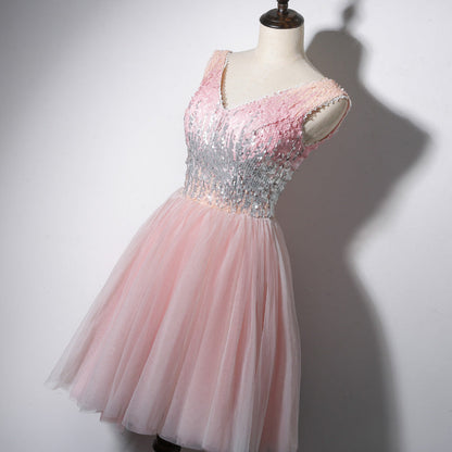 Solvbao Lovely Pink V-neckline Tulle and Sequins Party Dress, Pink Prom Dress