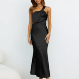 SOLVBAO High-End Women's Sleeveless One-Shoulder Long High-Grade Dress Acetate Satin Banquet Fishtail Evening Dress