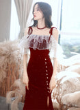 Solvbao Wine Red Velvet Strapes Long Party Dress with Leg Slit, Wine Red Prom Dress