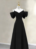 Solvbao A-line Chiffon Black Off Shoulder Sweetheart Prom Dress, Black Chiffon Party Dress