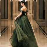 Solvbao Dark Green Sweetheart Off Shoulder Long Formal Gown, Green Sweet 16 Dresses