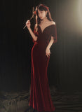 Solvbao Wine Red Memaid Evening Dress Party Dress, Velvet Long Prom Dress