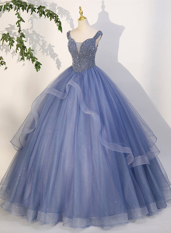 Solvbao Charming Beaded Tulle Ball Gown Sweet 16 Gown, Blue Long Formal Dresses