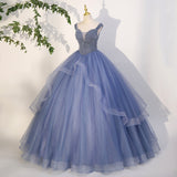 Solvbao Charming Beaded Tulle Ball Gown Sweet 16 Gown, Blue Long Formal Dresses