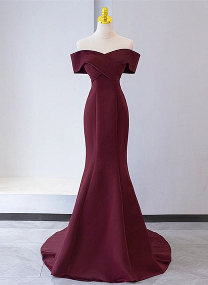 Solvbao Chic Mermaid Burgundy Satin Off Shoulder Party Dress, Burgundy Long Evening Dress Prom Dress