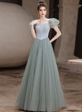 Solvbao Cute Green Tulle Beaded A-line New Prom Dress, Short Sleeves Tulle Formal Dress