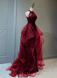 solvbao Wine Red Sequins with Tulle Long Party Dress, Wine Red Halter Evening Dress