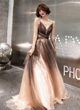 Solvbao Unique Tulle V-neckline Straps A-line Gradient Party Dress, Tulle Long Evening Dress Prom Dress