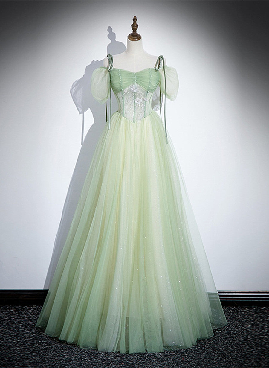 Solvbao Light Green Tulle Off Shoulder Straps Party Dress, A-line Green Prom Dress