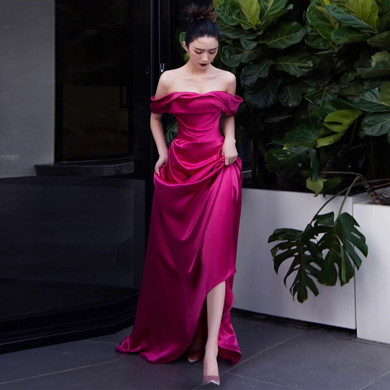 SOLVBAO Rose Red Toast Dress Bride Wedding Dragon Fruit Color Morning Gowns off-Shoulder Welcome Dress Ladies Banquet Evening Dress