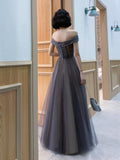 solvbao Dark Grey Tulle with Lace Applique Sweetheart Long Prom Dress, A-line Off Shoulder Party Dress