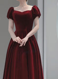 Solvbao Burgundy Velvet Cap Sleeves Long Formal Dresses, A-line Velvet Evening Dress Prom Dresss