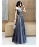 solvbao Dark Grey Tulle with Lace Applique Sweetheart Long Prom Dress, A-line Off Shoulder Party Dress