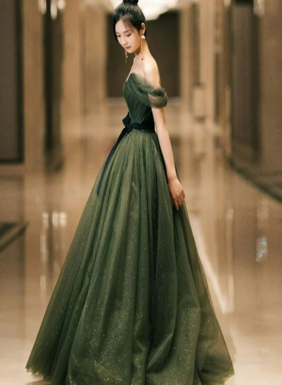 Solvbao Dark Green Sweetheart Off Shoulder Long Formal Gown, Green Sweet 16 Dresses