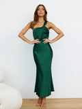 SOLVBAO High-End Women's Sleeveless One-Shoulder Long High-Grade Dress Acetate Satin Banquet Fishtail Evening Dress