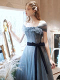 Solvbao Blue Off Shoulder Tulle Long Evening Dress, A-line Tulle Party Dresses