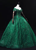 Solvbao Green Ball Gown Off Shoulder Tulle Party Dress, Green Lace Sweet 16 Dress