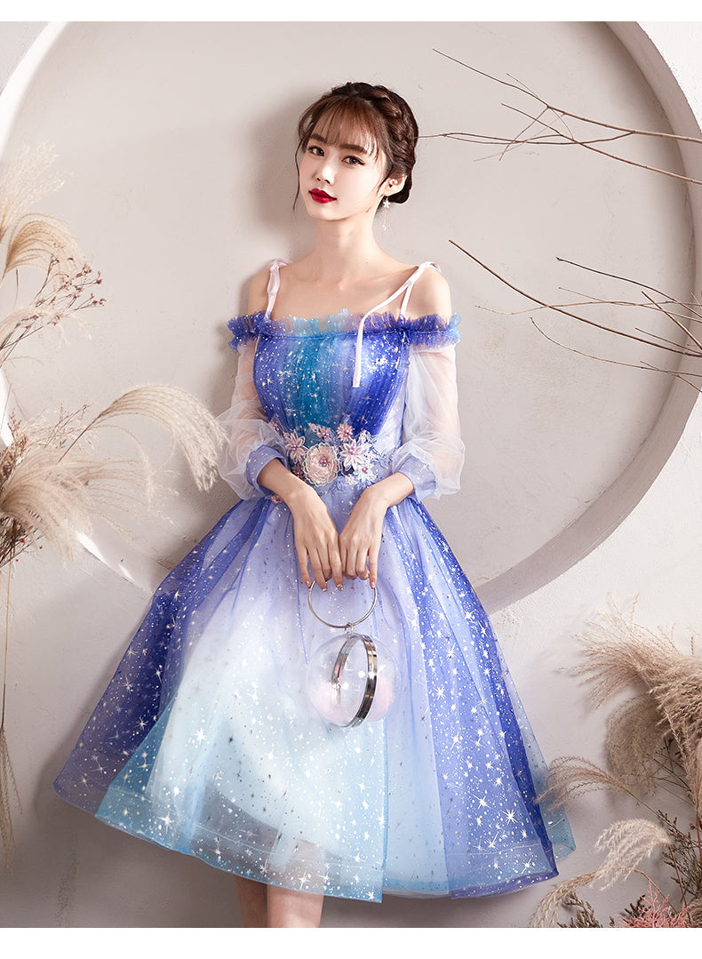 Solvbao Beautiful Gradient Blue Sparkle Short Prom Dress, Off Shoulder Tulle Homecoming Dress