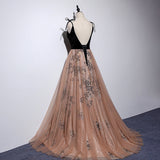 Solvbao Sexy Champagne Tulle with Black Velvet Prom Dress, Straps Party Gown