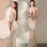 SOLVBAO Foreign Trade Fishtail Evening Dress New Banquet Sexy Halter Shoulder Tassel Sequins Host Long Slim Toast Dress