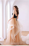 Solvbao Champagne Layers Tulle with Velvet Straps Party Dress, Long Evening Gown