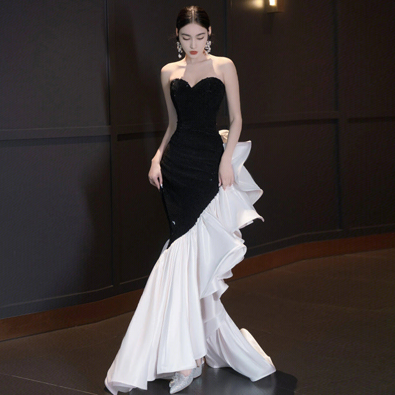 Annual Meeting Tube Top Evening Dress Bride Temperament Toast Dress French High Sense Black Banquet Slim Fit Slimming Fishtail Skirt